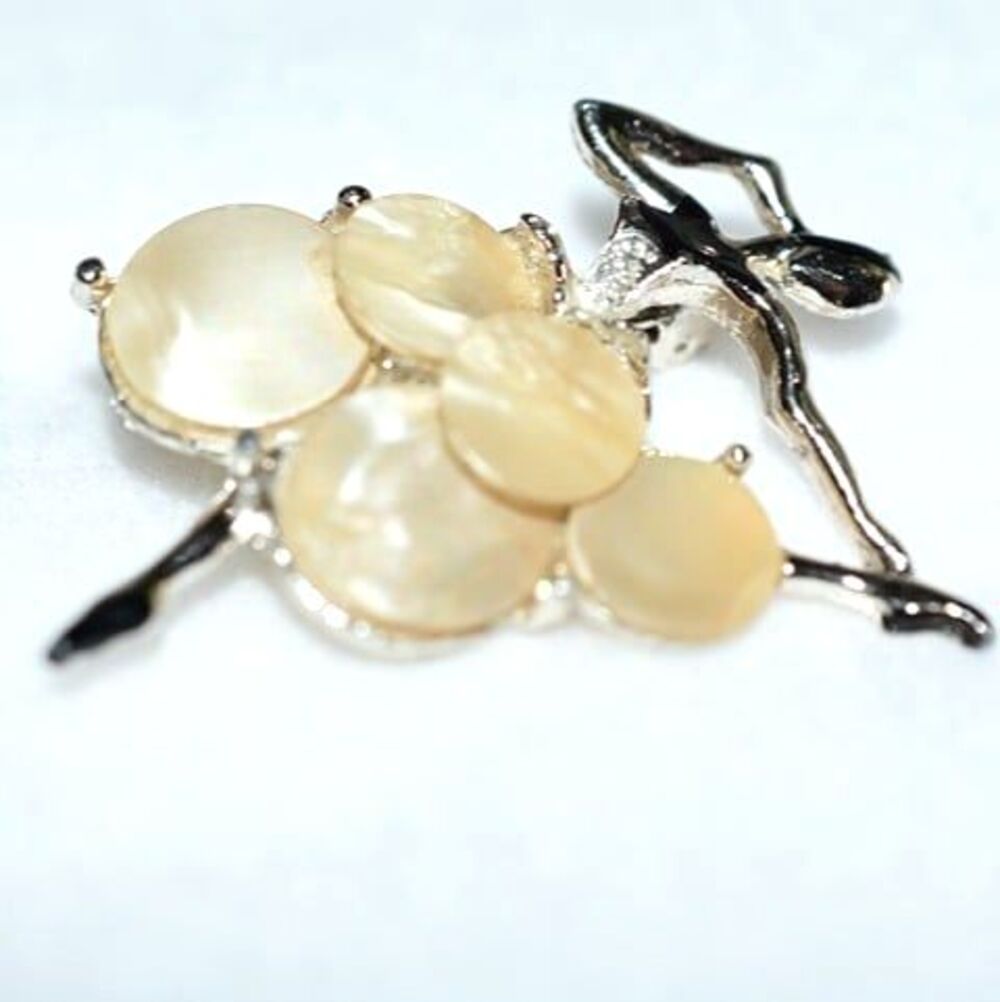 Unique Ballerina Mother of Pearl Silver Tone Black Enamel 1950's Brooch